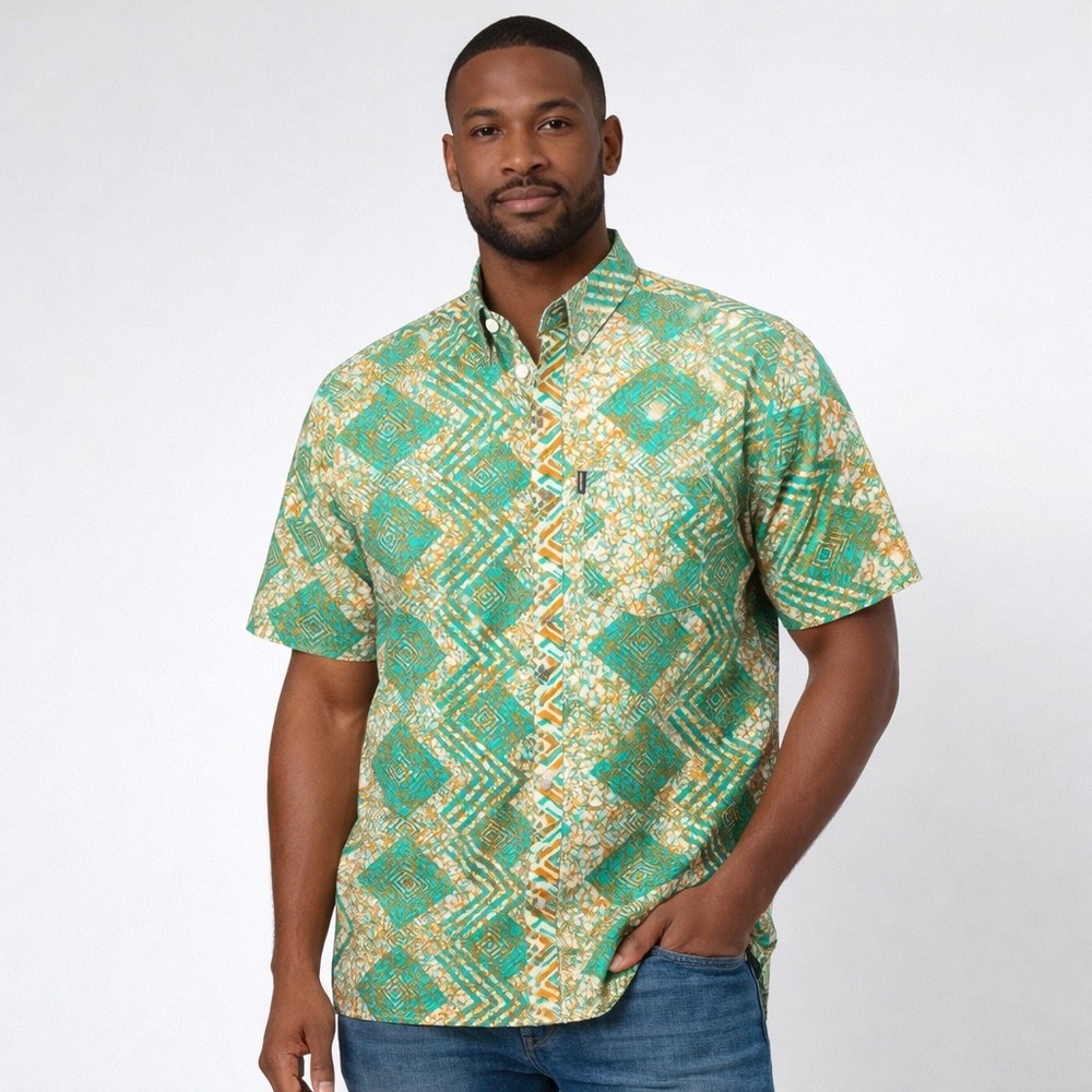 Woodin Mens 3XL African Wax Print Short Sleeve Button Down Shirt Teal‎ Orange